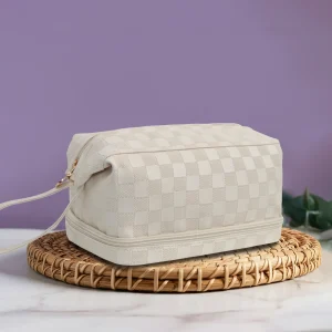 Stylish Beige Checkerboard Cosmetic Bag