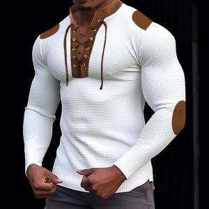 Waffle Knit Long Sleeve Color Block Standing Collar Street Vacation Tee